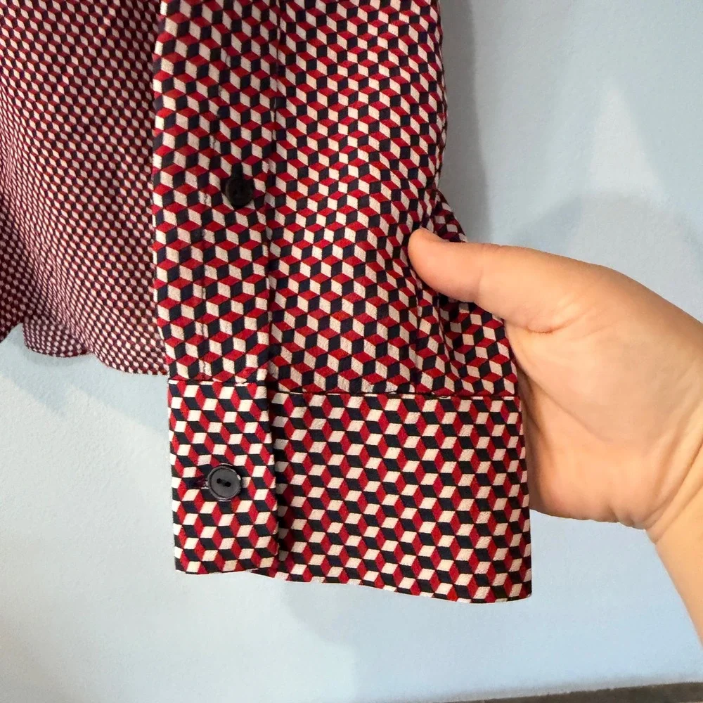 Theory Womens Silk Geometric Cube Print Boat Neck Blouse Career Luxury Medium